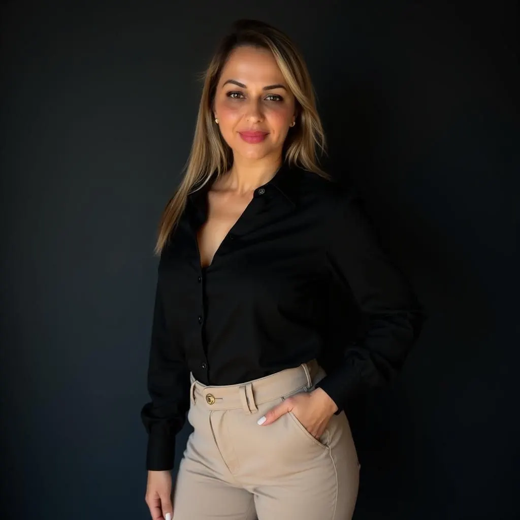 Dra. Márcia Moreira Menta, de camisa preta, em retrato de estúdio com fundo escuro